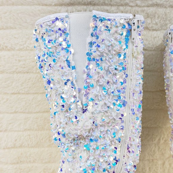 White Ice Multi Stretch Sequin Platform 7" Heels Thigh High Boots 3020 - Picture 4 of 13